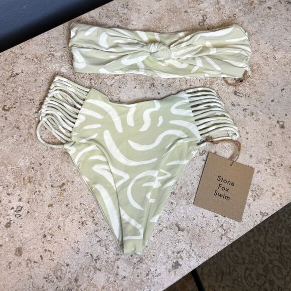 Stone Fox Aloe Lines Green White XS Lele Bandeau Simone Bottom Bikini Resort - Picture 1 of 4